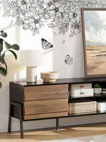 1 Piece Of Black And White Floral Series Wall Decal, Line-Drawing/Ink-Style Butterfly Decorative Sticker, Self-Adhesive And Removable For Bedroom Or Hallway Walls, Comes With An Artistic Feel, Perfect For Creating A Personalized Home Corner. - Wall Stickers - View 2