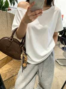 女士露肩白色短袖T恤，高弹常规涤纶休闲/办公上衣，夏季 - 白色 - 查看 3