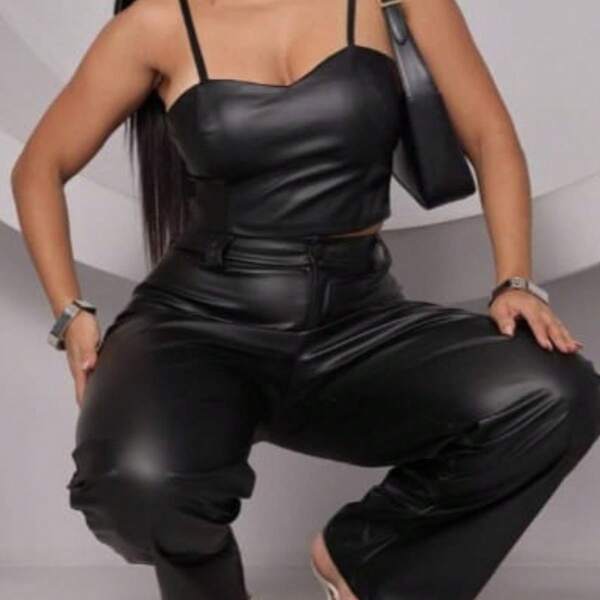 SW Conjunto Calça Pantalona + TOP Transpassado courino Feminino Inverno 2026  Casual  Festa    Couro PU    Noite  Diário
