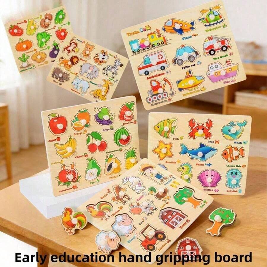 Wooden Shape Matching Puzzle Board, Montessori Early Learning Toy, 6 Assorted Themes Handheld Design, Shape Recognition & Hand-Eye Coordination Practice, Fun Party Activity, Lovely Holiday Gift For Little Kids - Multicolor - View 1