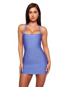 2026 New Solid Ribbed Halter Mini Dress, U Neck Stretch Bodycon Bandage Wrap Tie Back Slim Fit Party Club Short Dress For Women - Purple (in Stock) - View 1