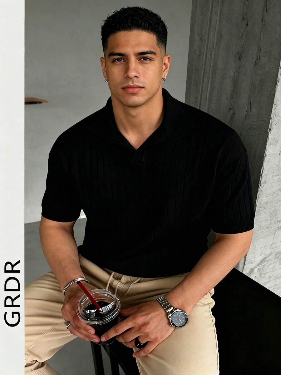 GRDR Camisa de punto de cuello polo holgada y fina para hombre, de manga corta, para verano - Negro - Ver 1