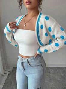 Women's Short Knit Cardigan, Blue Polka Dot Pattern, Long Sleeve, Open Collar, Contrast Trim, Perfect For Autumn/Winter Clothing And Casual Autumn/Winter Style. - Off-white and Blue - View 3