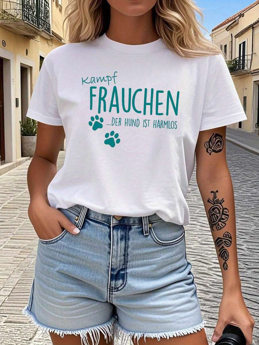 Camiseta de manga corta para mujer, estilo casual y cómodo, con estampado de huellas de pata, diseño alemán "Kampf FRAUCHEN ...DER H IST HARMLOS", cuello redondo, talla grande, para primaver - Blanco - Ver 1