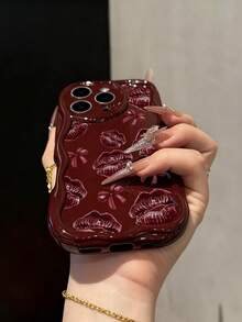 Lip Art Creamy Wavy Edge Burgundy Flat Print Painted Anti-Drop Fashion Cute Phone Case Compatible With Ip 17/Ip 17pro/Ip 17promax/Iphone16/Iphone16pro/Iphone16promax/IPhone16plus/ 10cases Anti-Drop New IPhone14IPhnoe15 Anti-Drop P14 Thickened P13 Soft Shell P12 Full Coverage P11 Anti-Drop Creative Phone Case - Multicolor - View 2