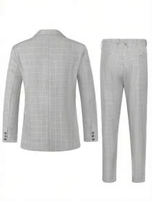 Setelan Jas Pria 2 Potong Motif Kotak-kotak Kancing Tunggal, Blazer dan Celana, Cocok untuk Musim Semi, Musim Panas, Musim Gugur, Kasual, Bisnis, dan Perjalanan. - Grey - View 6