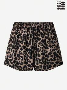 mulinsen Celana Pendek Olahraga Lari Wanita Seksi Motif Leopard, Panjang 3/4, Desain Tali Serut, Celana Pendek Olahraga Musim Panas yang Bernapas - Coklat - View 7