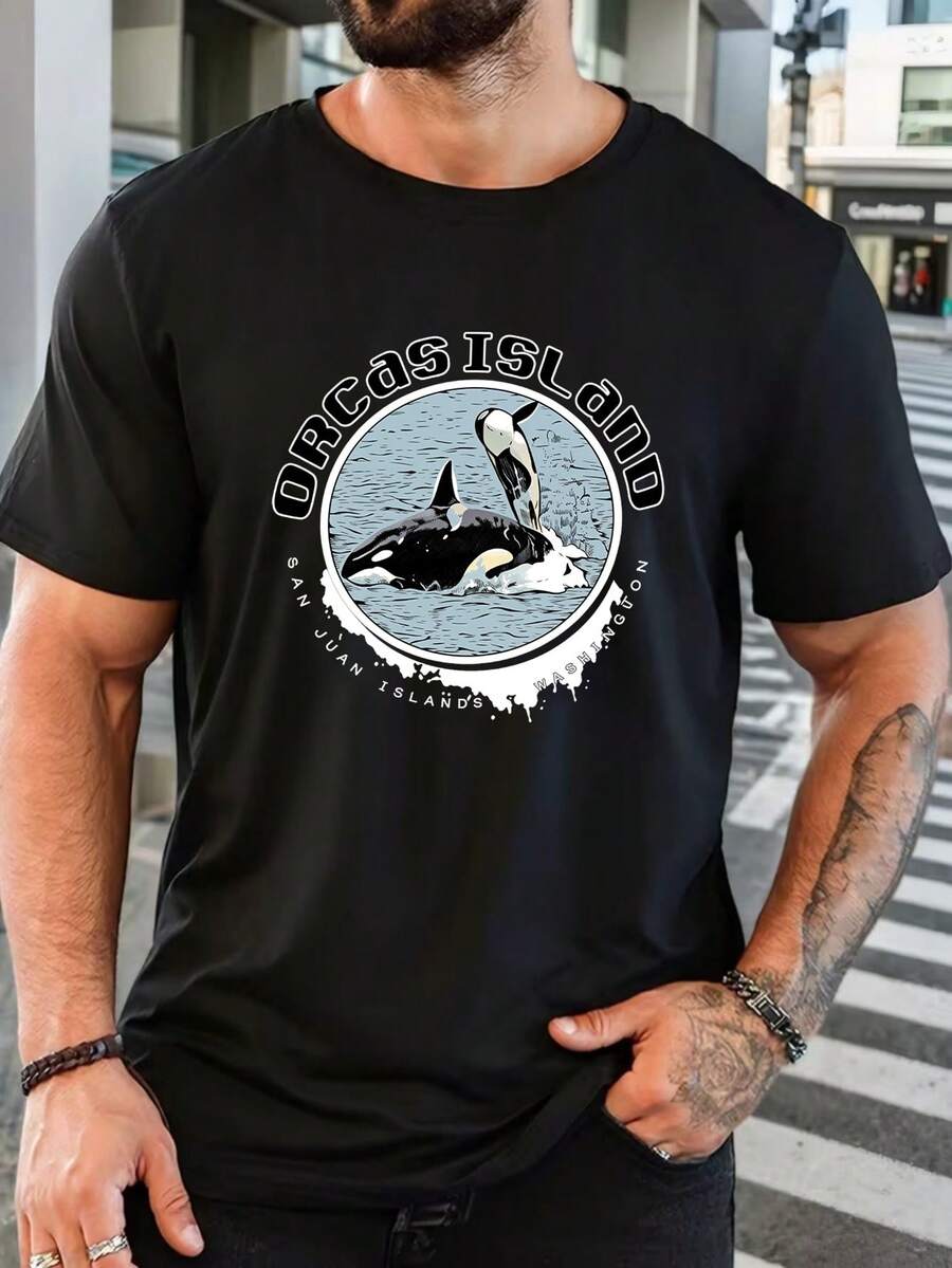 Herren Kurzarm T-Shirt aus reiner Baumwolle mit Orcas Island Grafikdruck, lässiges Alltag Rundhals Tee Top - Schwarz - Übersicht 1