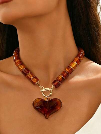 Collar de cuentas exagerado de dopamina para mujer, collar tipo gargantilla con corazón esponjoso dorado, collar con colgante de corazón de cuentas de resina de colores, adecuado para uso diario, vacaciones, viajes, atuendos casuales, regalo de joyería de moda para familia y amigos