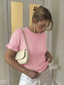 Women's Casual Solid Color Round Neck Frill Trim Ruched Short Sleeve Loose Wool Blend T-Shirt Top, Spring/Autumn Summer - Watermelon Pink - View 1