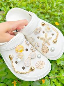 16pcs Gold Chain Accessories, Gold Shell, DIY Shoe Charms Suitable For Perforated Slippers - Gold - View 2