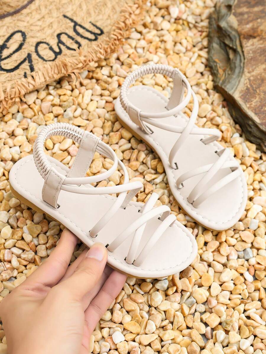 1 Pair Girls Beige Cross Strap Flat Sandals, Non-Slip Soft Sole Elastic Back Strap, Summer Casual Beach Kids Shoes