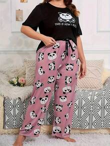 Plus Size Casual Comfortable Cartoon Print Short Sleeve Pink Print Long Pants Women's Loungewear 2 Pieces Pajama Set - Black - View 5