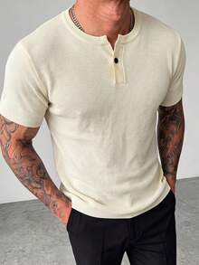 ZYNTH BALENO Men's Summer Fashion Slim Fit Regular Shoulder Henley Collar Short Sleeve Sweater, Essential For Summer Sports - Apricot - View 4
