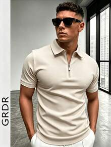 GRDR 男士夏季 Polo 领半拉链短袖 T 恤，适合户外、度假和休闲穿着 - 杏色 - 查看 5