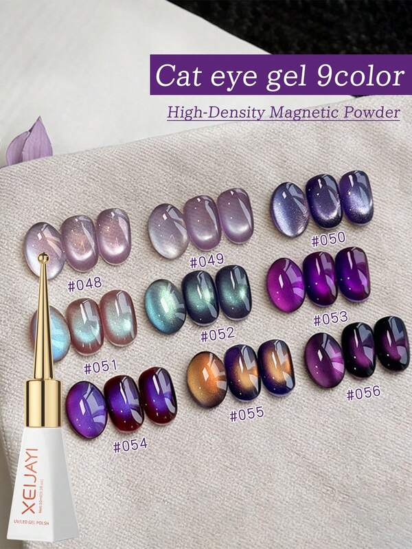XEIJAYI 9pcs/Set 10ml 9 Purple Flame Cat Eye Gel Nail Polish - Peel Off, UV/LED Soak Off, Glossy Shine, Suitable For DIY And Nail Salons