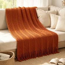1pc Solid Color Knitted Blanket, Nordic Style Tassel Design Soft Blanket, Office Nap Blanket, Bed Throw, Sofa Blanket, Suitable For Daily Use - Caramelized Towel - View 6