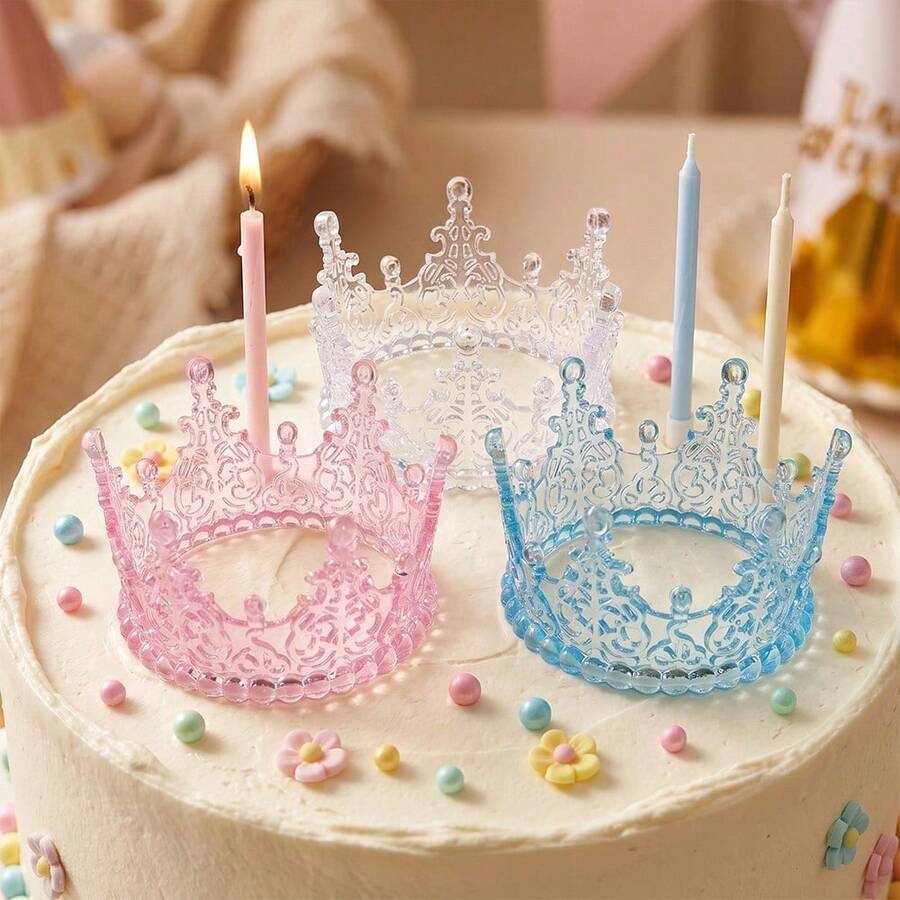 1pc White/Pink/Blue Hollow Faux Crystal Crown Cake Topper, Elegant Goddess Birthday Wedding Cake Decor, Multi-Size Plastic Crown Cake Ornament, Valentine's Day Anniversary Dessert Baking Decoration, Birthday Cake Accessory