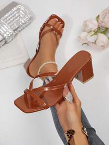 New Plus Size Women's Comfortable Minimalist Square Toe Open Toe One-Strap High Heel Sandals Slippers Casual Fashion Outdoor Beach Summer Shoes - Brown - View 2
