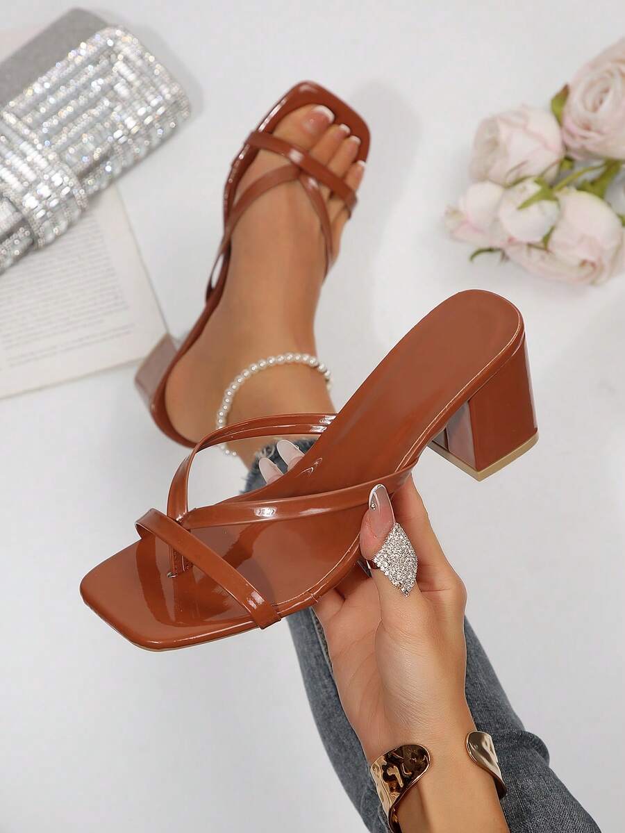 New Plus Size Women's Comfortable Minimalist Square Toe Open Toe One-Strap High Heel Sandals Slippers Casual Fashion Outdoor Beach Summer Shoes