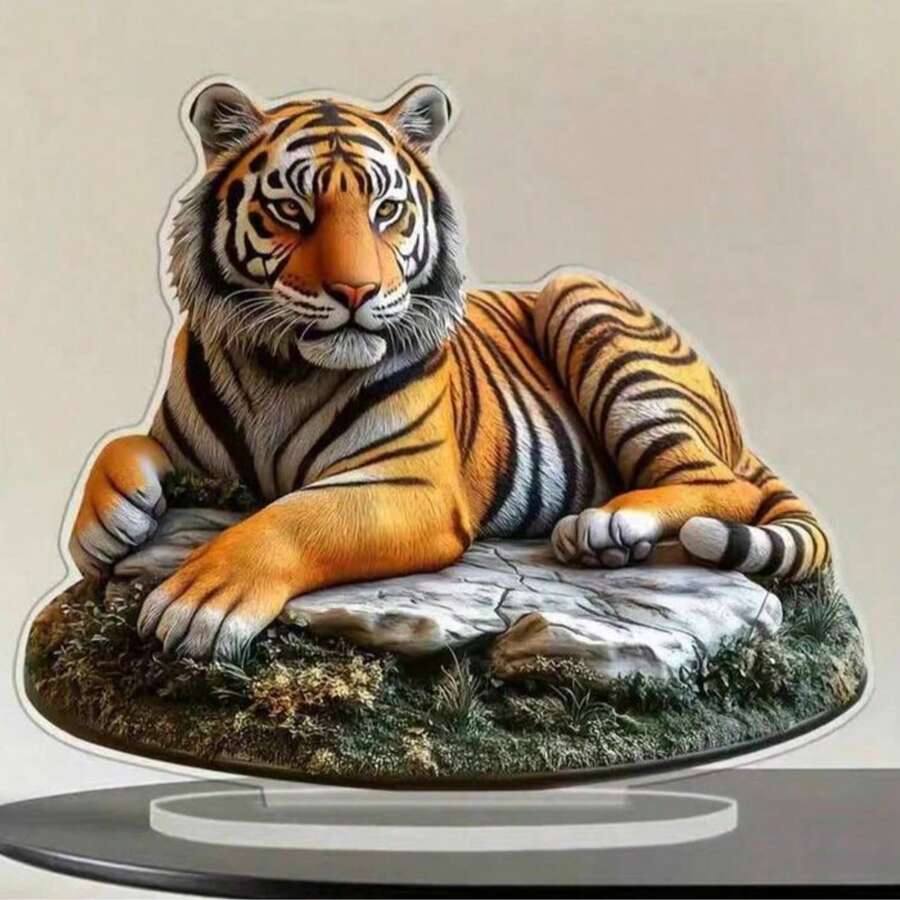 Realistic Crouching Tiger Rock & Grass 2D Acrylic Desktop Stand, Powerful Tiger Forest Animal Decorative Ornament