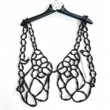 DEKUNER Corrente de corpo Y2K feita à mão com contas pretas em forma de borboleta, top harness de malha de rede oca em camadas, acessório de peito gótico ajustável - Preto - Ver 14