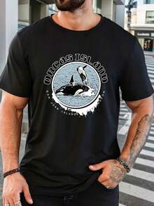 Herren Kurzarm T-Shirt aus reiner Baumwolle mit Orcas Island Grafikdruck, lässiges Alltag Rundhals Tee Top - Schwarz - Übersicht 6