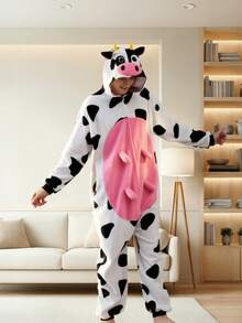 Unisex Cow Animal One-Piece Pajamas Hooded Cartoon Jumpsuit Fall Winter Christmas Animal Cosplay One Piece Pajamas - Black and White - View 4