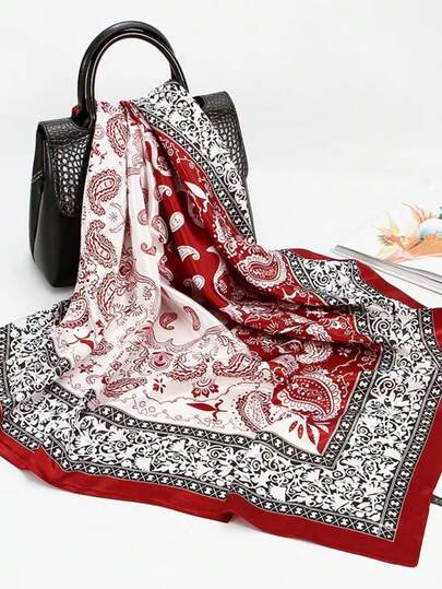 1 pieza Pañuelo cuadrado estampado paisley rojo & blanco para mujer, pañuelo cuadrado de satén grande de 90cm, tacto sedoso, se puede usar como diadema o pañuelo para la cabeza, adecuado para combinar con vestidos