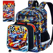 3pcs Boys Racing Car & Checkered Flag Print Durable Material & Buckle Closure Cool Sporty Style 16 Inch Backpack Set For Back-To-School & Daily Travel - Black - View 1