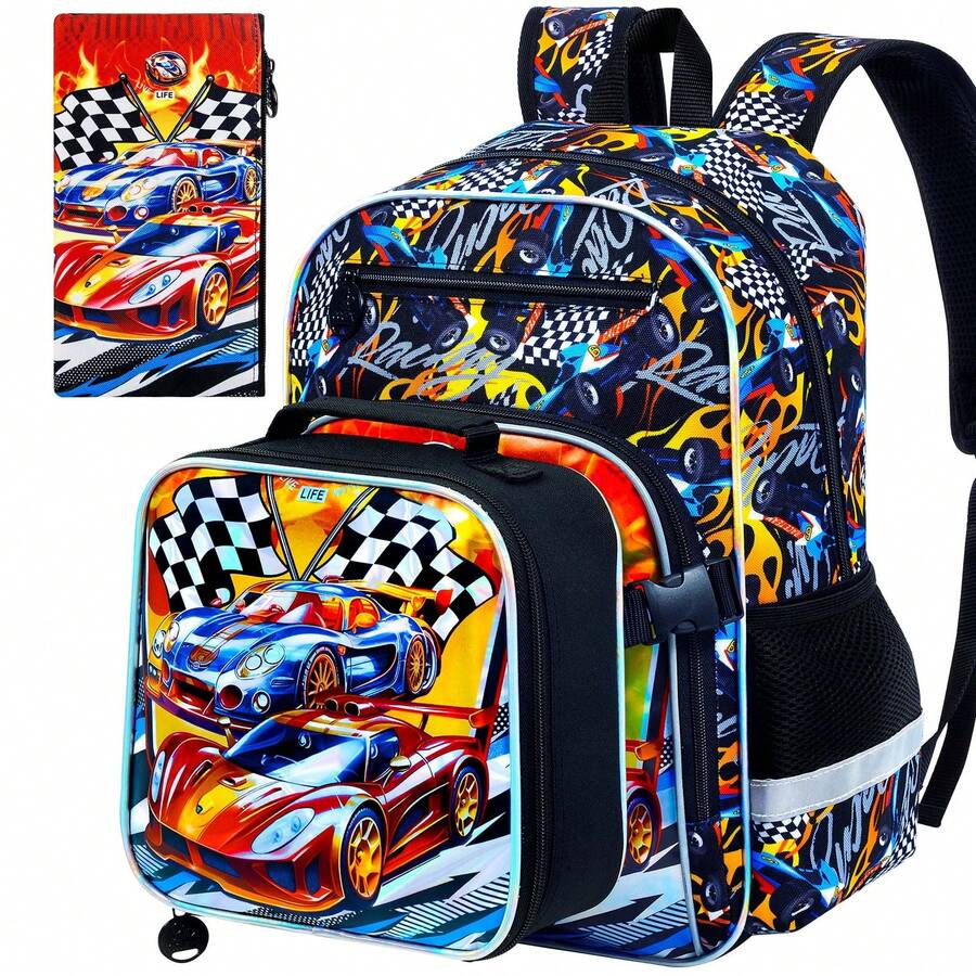 3pcs Boys Racing Car & Checkered Flag Print Durable Material & Buckle Closure Cool Sporty Style 16 Inch Backpack Set For Back-To-School & Daily Travel - Black - View 1