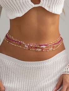 1 Set 6 piezas Cadena de cintura de estilo bohemio de vacaciones hecha a mano con cuentas de piedra blanca falsa, joyería de cintura de dopamina dulce y fresca para chicas, multi-capa apilable, adecuada para uso diario de mujeres, vacaciones, fiestas (color de cuentas hecho a mano, cantidad, posición aleatoria) - Rosa - Ver 3