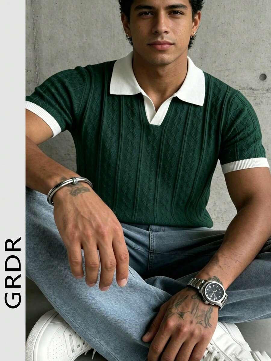 GRDR Men's Lightweight Seagull Collar Solid Color Short Sleeve Knit Sweater, Suitable For Summer Outings, Essential For Fashionable Styling