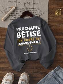 1pc Tween Boys Fun French Loading Text Front & Back Print Long Sleeve Top, Minimalist Letter Slogan Loose Casual Top, Versatile For Daily Wear, Home, Outings, Layering, Outerwear, Niche Ins Style Long Sleeve T-Shirt - Dark Grey - View 3