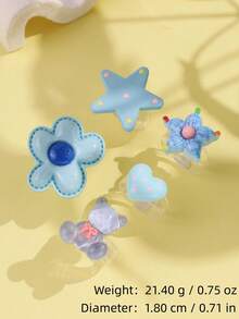 Set 5 buah cincin resin motif bunga biru, beruang, bintang, dan hati yang lucu, modis, elegan, dan unik, cocok untuk pemakaian sehari-hari dan pesta liburan. - MultiWarna - View 8