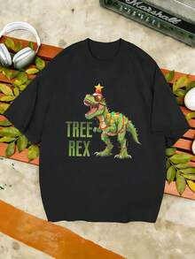 Herren-T-Shirt With Weihnachts-Dinosaurier-Motiv Für Den Herbst, 100 % Baumwolle, Bequeme Pa S Form, Atmungsaktiv, Street-Hip-Hop-Stil, Kunstdruck - White - View 2