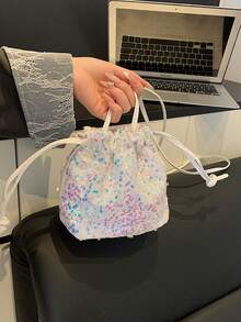 Women's Drawstring Mini Crossbody Bucket Bag, Quilted Pattern Daily Outdoor Bag - White - View 4