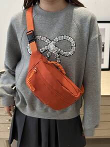 時尚尼龍斜背包，純色單肩包，女款休閒斜挎包，適合戶外運動 - 橘色 - 查看 4