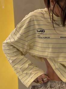 Y2K時尚條紋上衣萬聖節、萬聖節、女性秋季穿搭、女性秋季服裝、女性秋季衣物、女性休閒上衣 - 杏色 - 查看 3