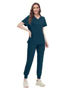 Women's Doctor/Nurse Uniform Set, Hospital Operating Room Scrubs, Beauty SPA Uniform - Teal Blue - View 3