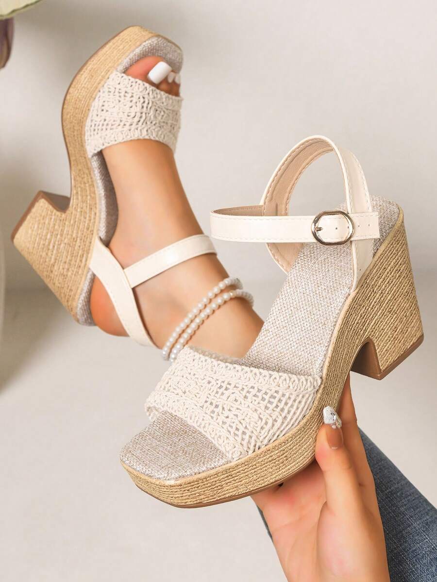 Women's Wedge Sandals. Summer Open Toe, Bohemian Style Faux Rope Sole Sandals. Comfortable Vacation Style High Heels. Suitable For Summer Outfits - Beige - View 1