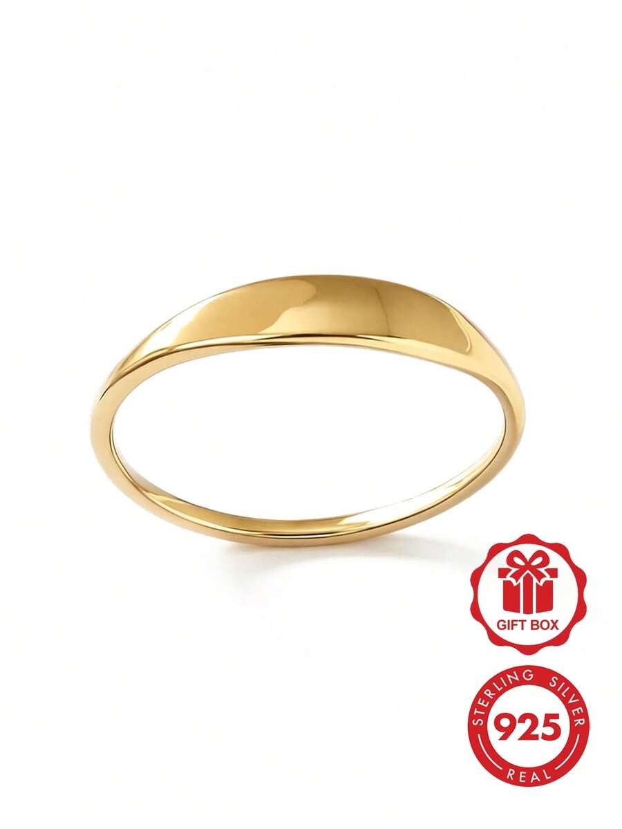 1件時尚極簡 925純銀韓式精緻女款小指印章戒指 18K鍍金 日常佩戴 - Smooth Ring - 查看 1