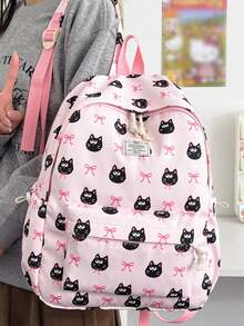 1pc Cute Cartoon Cat/Bow Pattern Nylon Backpack, Lightweight Large Capacity School Day Bag, Adjustable Shoulder Strap Bookbag, Suitable For Girls/Teenagers/Students/Graduates, Perfect For Daily Use, Outings, Travel, School And Back To School Season. - Pink - View 9