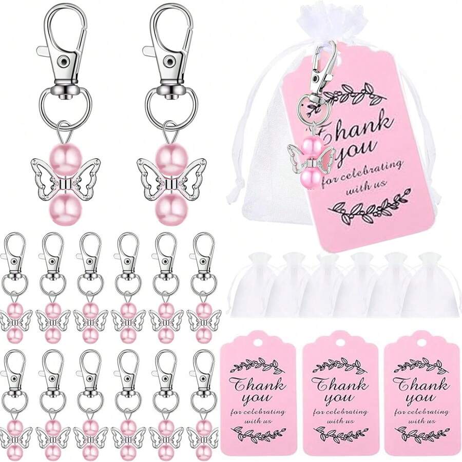 60pcs/Set Angel Keychain Gift Set, Includes 20 Keychains, 20 Transparent Organza Bags And 20 Thank You Cards, Suitable For Wedding Gifts, Baptism Party Gifts, Birthday Party Gifts And Guest Gifts (Pink, Blue) - A - View 1
