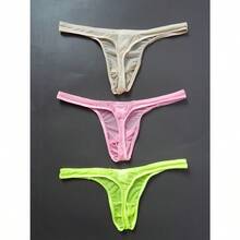 3-Pack, Men's Mesh Transparent Sexy Thong - Pink + Green + Apricot - View 5