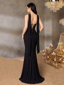 ALISA&LEO Exquisite Strapless Fitted Dress, Suitable For Teenagers, Side Slit Design, Ruched Bodice, Open Back, Suitable For Formal Occasions Such As Evening Parties, Performances, Banquets And Balls - Black - View 1