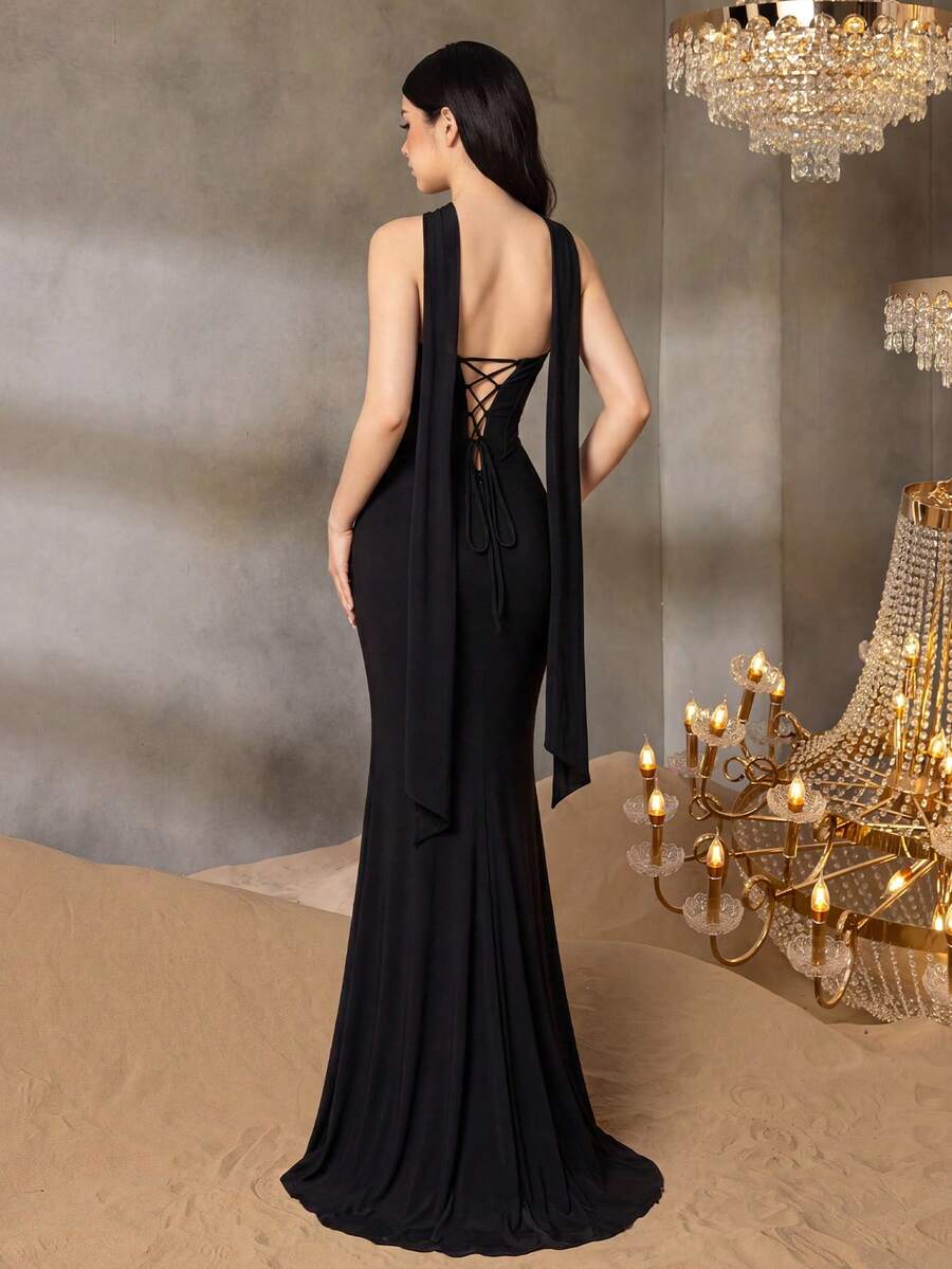 ALISA&LEO Exquisite Strapless Fitted Dress, Suitable For Teenagers, Side Slit Design, Ruched Bodice, Open Back, Suitable For Formal Occasions Such As Evening Parties, Performances, Banquets And Balls - Black - View 1