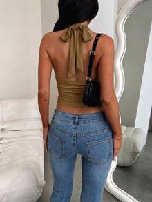 女款無袖純色性感V領細肩帶背心，適合度假、旅行、節慶、畢業典禮等場合，夏季穿著 - 咖啡棕 - 查看 8