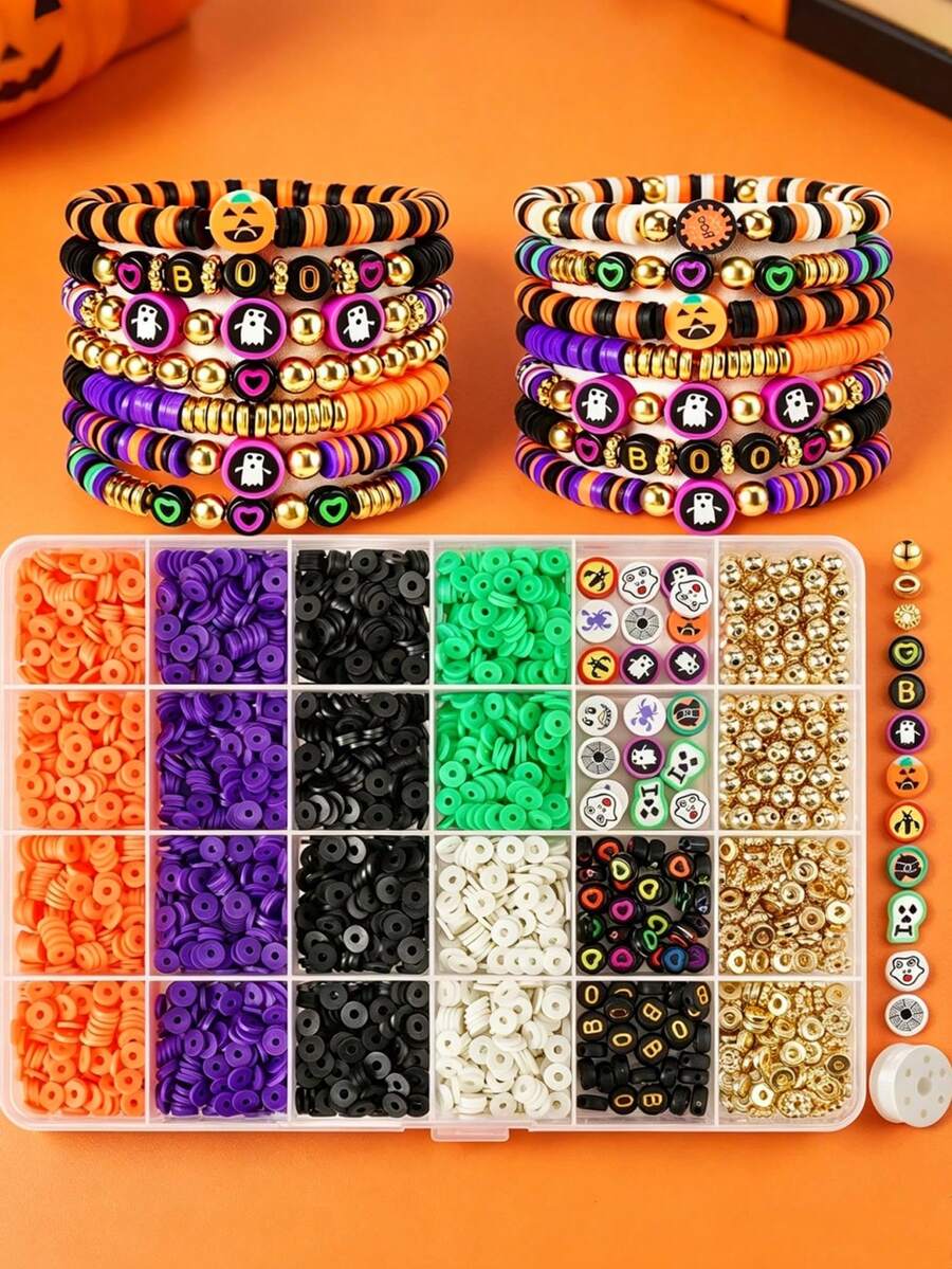 Approx. 2550PCS Halloween DIY Beaded Bracelet, Clay Soft Ceramic Acrylic Craft Bracelet Materials Kit, Suitable For Halloween Element Bracelets Or Other Jewelry Accessories Making Gifts/Ghost Festival Small Gifts