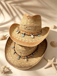 1pc Bohemian Mixed Color Beaded Hollow Panama Straw Hat, Casual Protective Decorative Sun Hat, Fashionable Versatile, Suitable For Outdoor Activities, Fashion Women's Hat, Women's Country Hat, Women's Hat, Suitable For All Seasons, Holiday Gift, Mother's Day Gift For Mom, Valentine's Day, Suitable For Vacation, Photography, Gift For Women - Multicolor - View 3